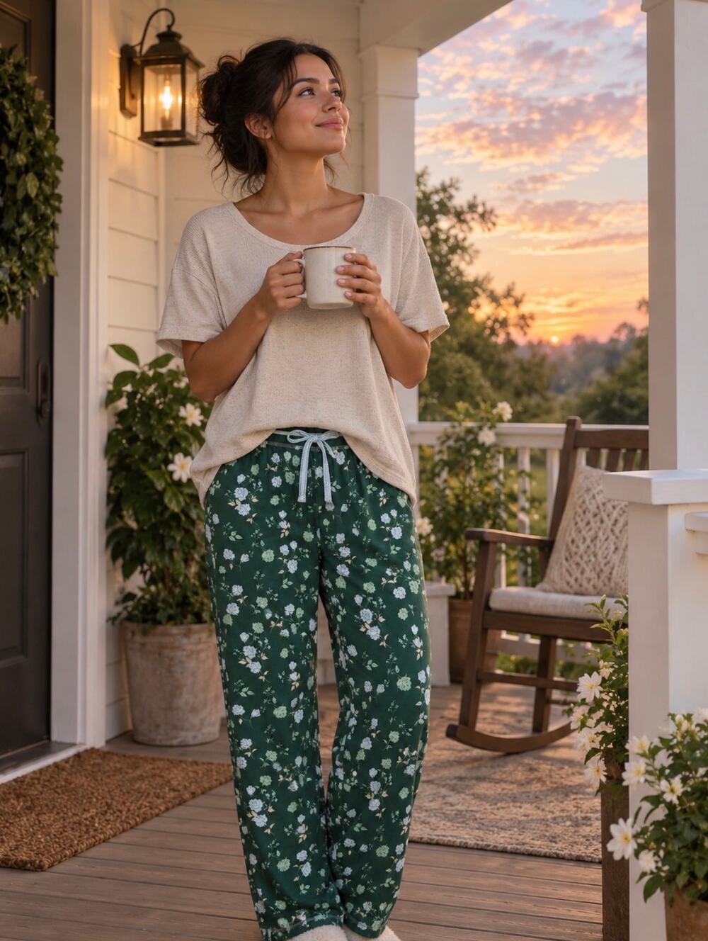 P.J. SALVAGE Green Floral Thermal Velour Open Leg Pajama Pants NWT Size M